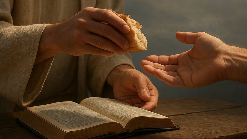 Homem de túnica bege oferece um pedaço de pão a uma mão estendida, ao lado de uma Bíblia aberta.
