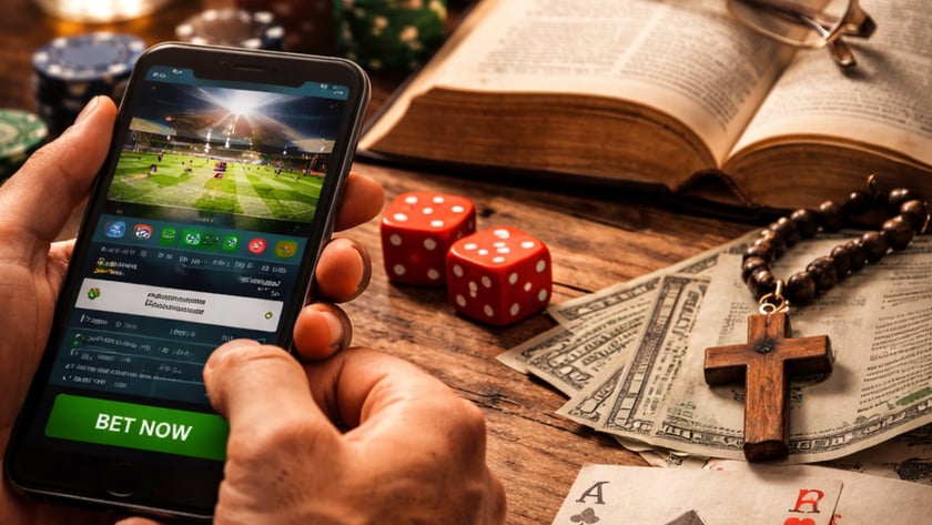 Mãos seguram celular com aplicativo de apostas, cercado por fichas, dados, cartas, dinheiro