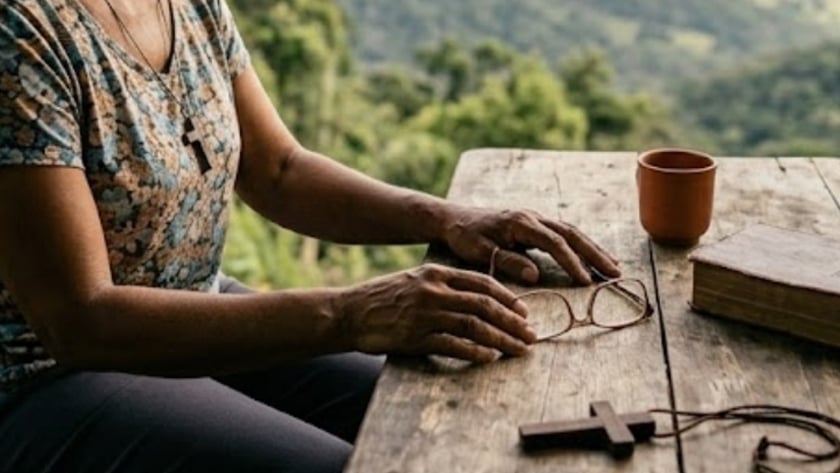 Mãos de uma pessoa sobre mesa de madeira com Bíblia, óculos, xícara e crucifixo