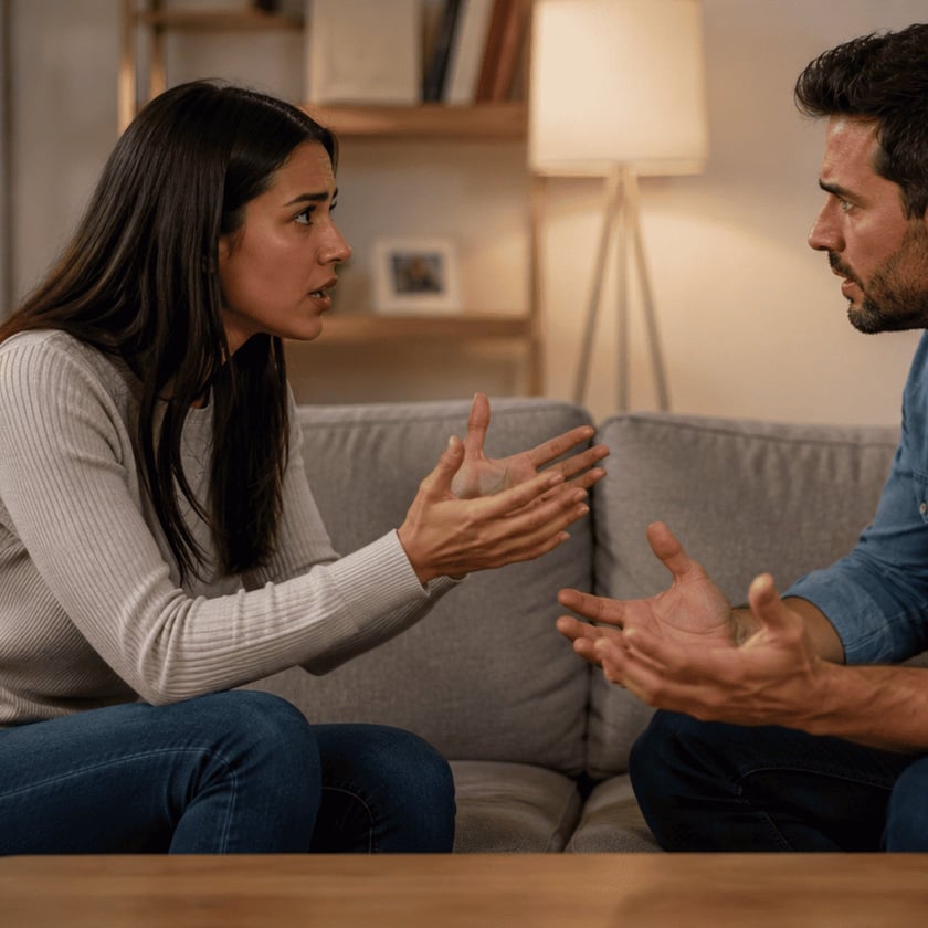 Mulher e homem sentados num sofá cinza conversando, gesticulando com as mãos abertas.