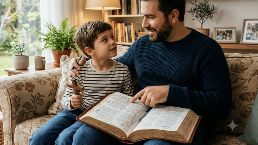 Pai e filho sentados no sofá, com uma Bíblia aberta no colo e uma cruz de madeira.