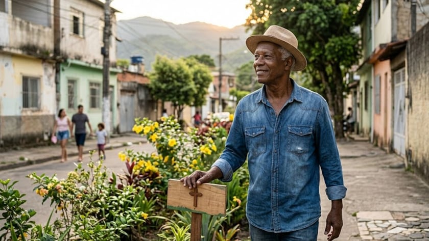 Homem idoso de chapéu e camisa jeans apoia a mão em uma placa de madeira com cruz