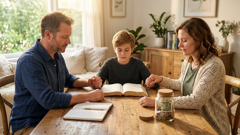 Pai e filho de mãos dadas à mesa, de olhos fechados, com uma Bíblia aberta.
