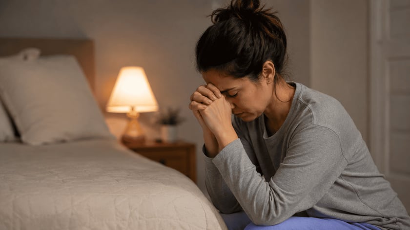 Mulher sentada na beira da cama, com as mãos unidas junto à testa e olhos fechados.