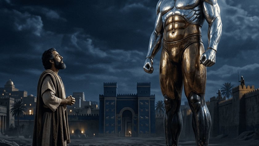 Homem barbado olha para uma estátua gigante de metal diante de uma cidade antiga murada à noite.