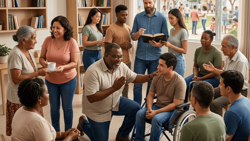 Grupo diverso conversa e ora numa sala com estantes; um homem ajoelha ao lado de cadeirante.