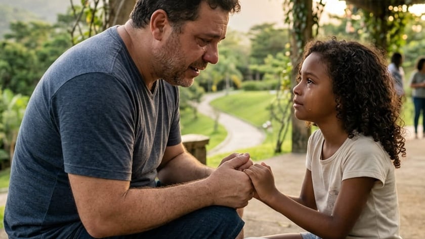 Homem e menina de mãos dadas, chorando, diante de uma Bíblia aberta em um parque.