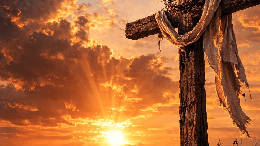 Cruz de madeira com coroa de espinhos e pano rasgado sobre colina ao pôr do sol.