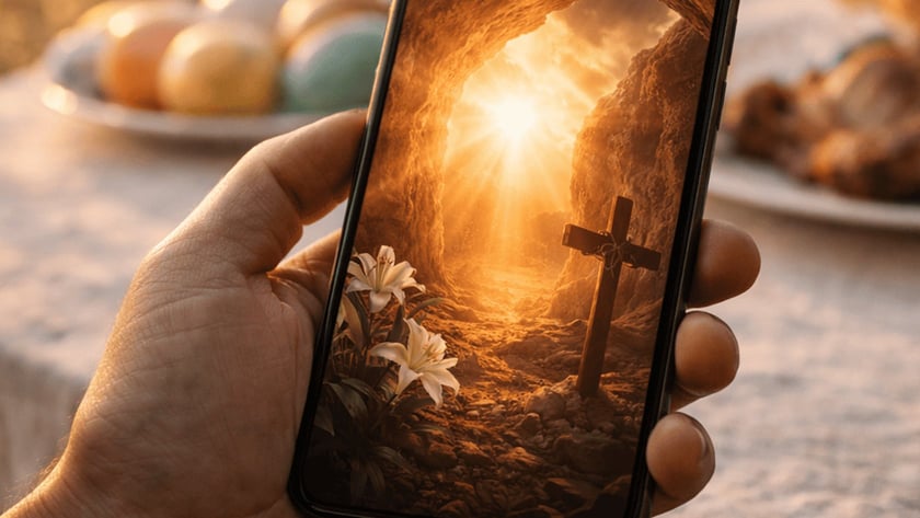 Mão segura celular exibindo caverna com cruz e lírios, diante de mesa com ovos coloridos.