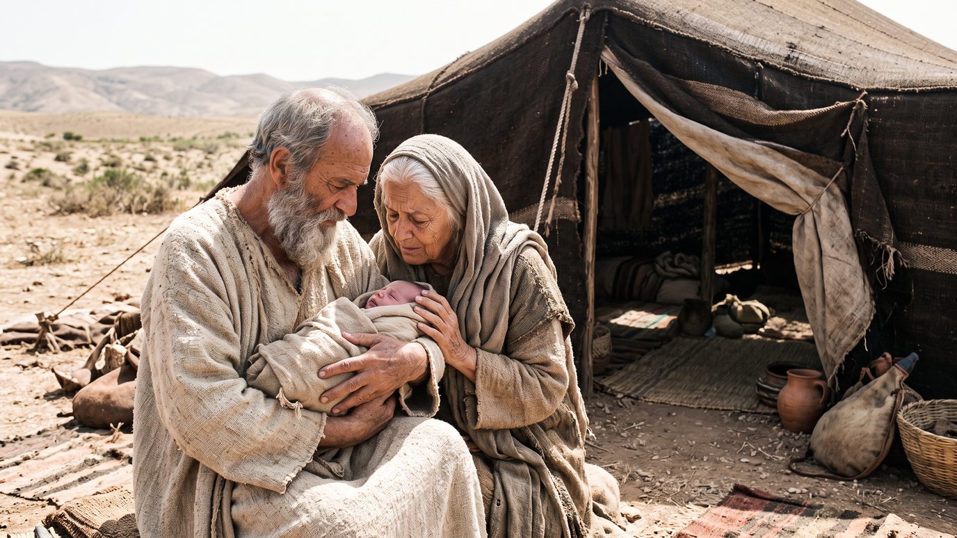 Casal de idosos segura um bebê enrolado em manto diante de uma tenda no deserto.