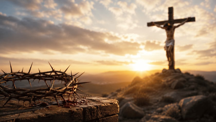 Crucifixo de madeira com Cristo em colina rochosa ao pôr do sol