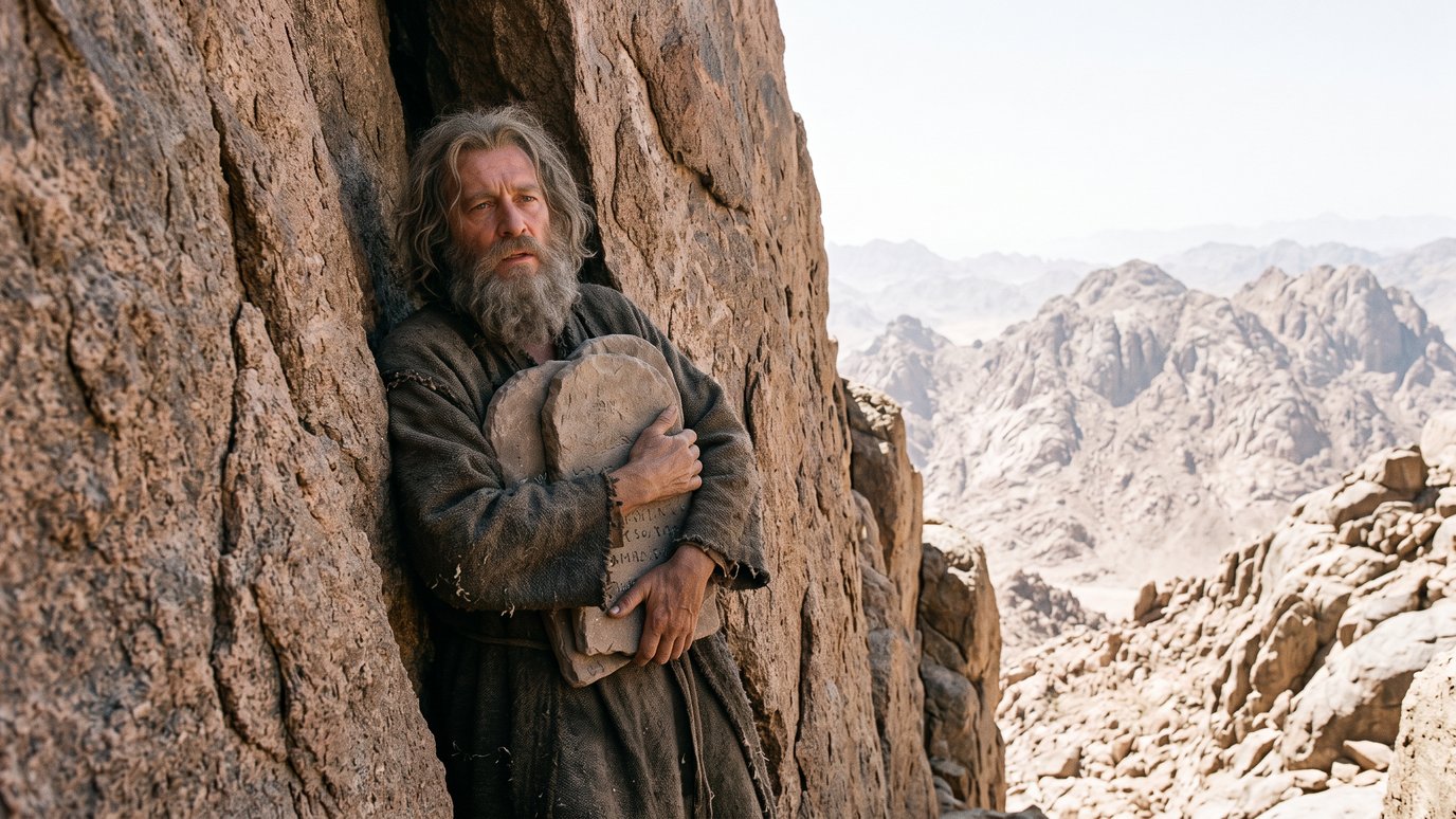 Homem barbudo de manto rústico abraça tábuas de pedra, encostado em rochedo no deserto.