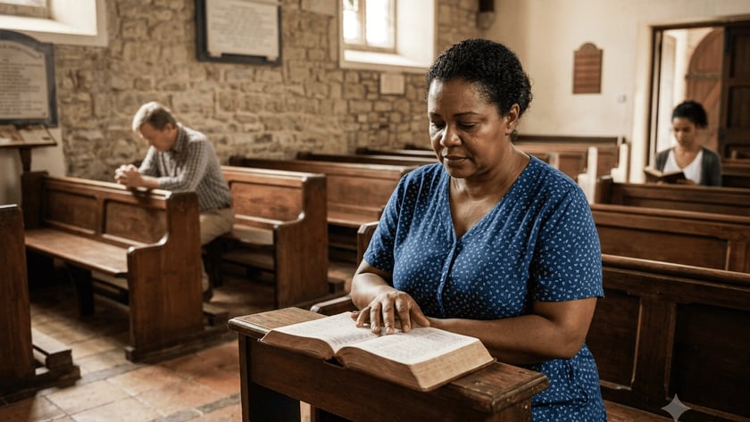 Mulher lê uma Bíblia em um banco de igreja de pedra, com um homem rezando ao fundo.
