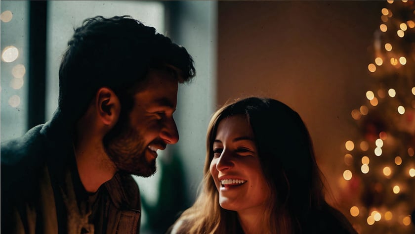 Homem e mulher sorriem um para o outro, segurando uma estrela com vela, perto de árvore de Natal.