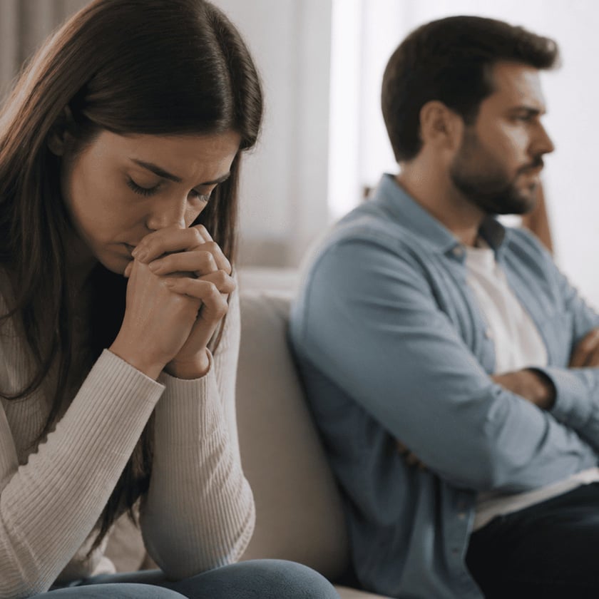 Mulher de cabeça baixa e mãos juntas, ao lado de homem de braços cruzados no sofá.