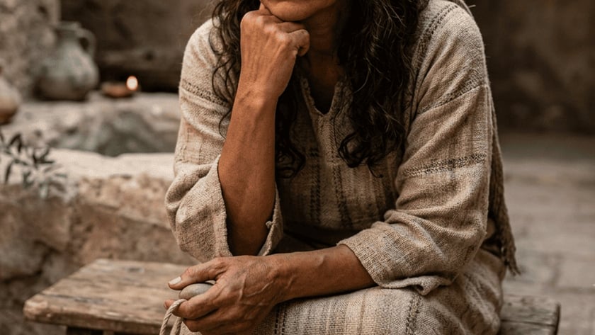 Mulher de lenço na cabeça, sentada num banco de madeira, com lágrimas no rosto.