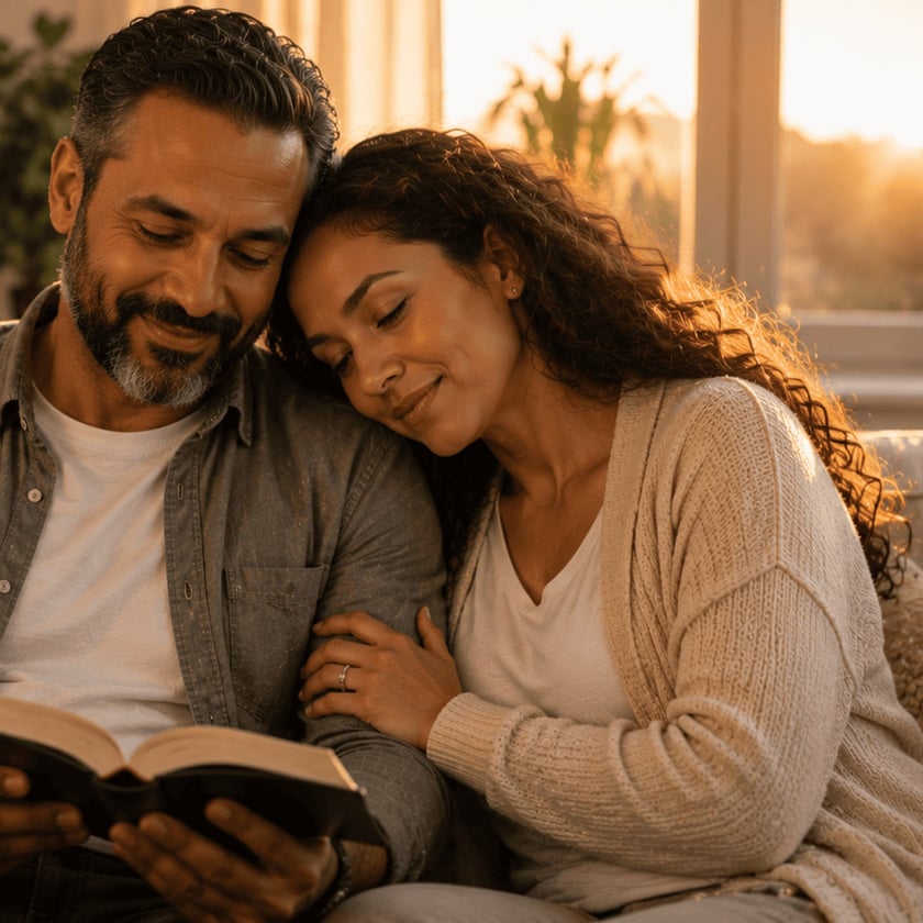 Casal sentado no sofá, o homem lê um livro e a mulher encosta a cabeça no ombro dele.