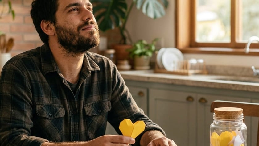 Homem barbudo sentado à mesa de cozinha, com coração de origami amarelo e livro aberto.