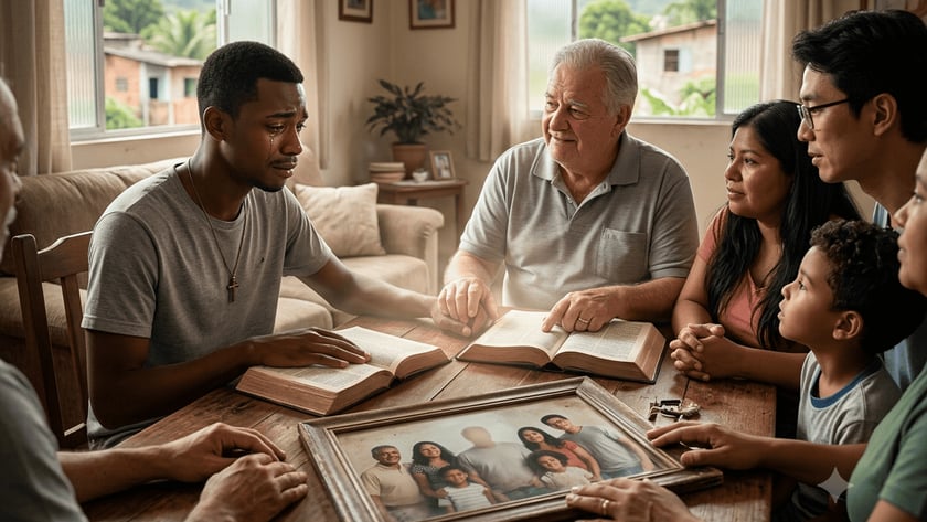 Família reunida em volta de uma mesa com Bíblias abertas e um retrato emoldurado, um jovem chora.