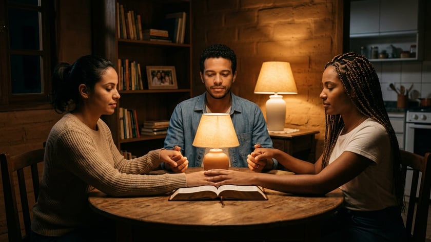 Homem e mulher de mãos dadas em volta de uma mesa, com uma Bíblia aberta.