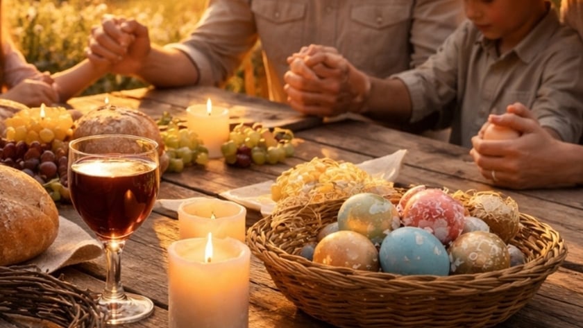 Pai e filha de mãos dadas rezando à mesa com pães, uvas, vinho e ovos.