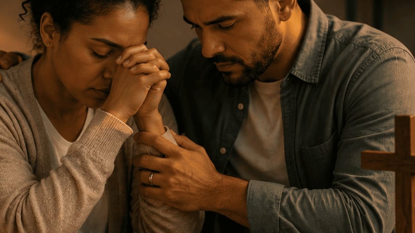 Casal sentado à mesa com as cabeças baixas, mãos unidas, diante de uma Bíblia aberta e uma vela.