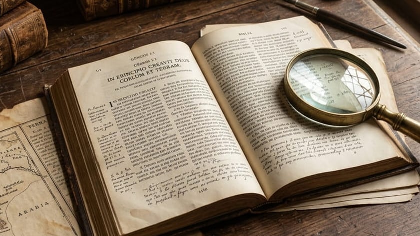 Livro antigo aberto com lupa de latão sobre mesa de madeira, ao lado de pena e tinteiro.