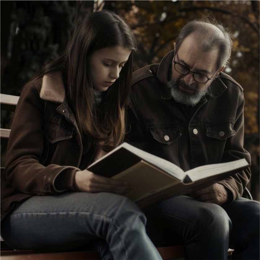Uma jovem e um homem barbudo de óculos leem juntos um livro num banco.