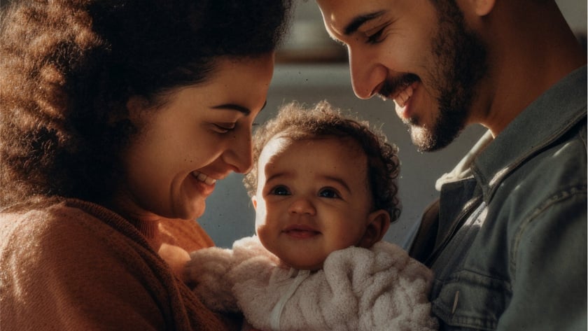 Mulher de cabelo cacheado e homem barbudo sorriem para um bebê no colo deles.