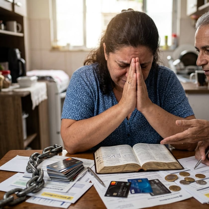 Mulher de mãos postas sobre uma Bíblia, cercada de contas e cartões, com um homem ao lado.