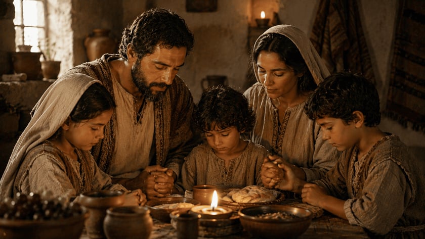 Homem barbudo e duas crianças de olhos fechados, de mãos unidas, rezam à mesa com vela.