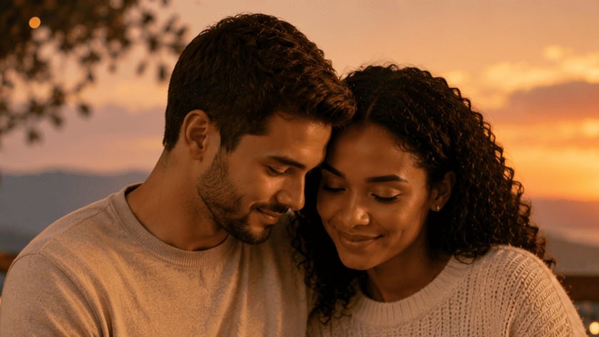 Casal de suéteres claros lê um livro juntos à mesa ao pôr do sol.