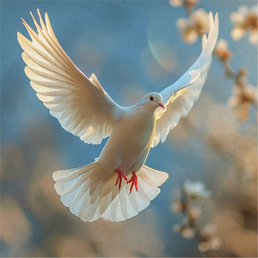 Pomba branca de asas abertas voando diante de um céu azul e flores desfocadas.