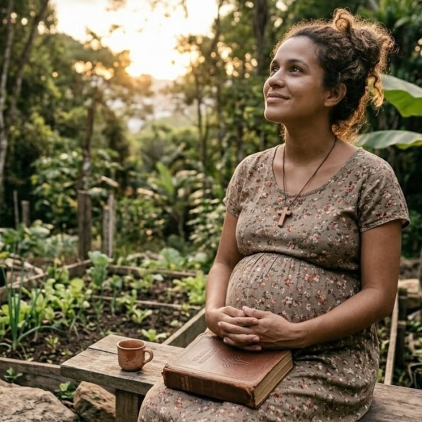Mulher grávida sentada em horta cercada de mata, com Bíblia no colo e xícara ao lado.