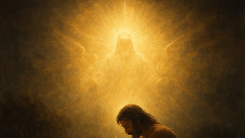 Homem barbado de túnica ajoelhado com as mãos postas, sob uma figura luminosa alada.