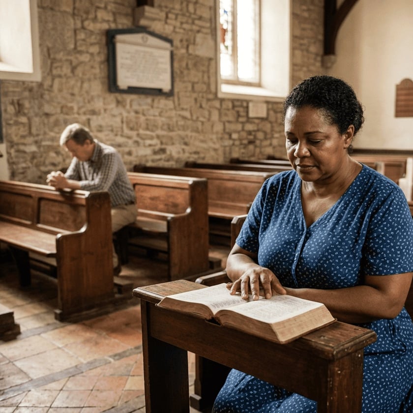 Mulher lê uma Bíblia em um banco de igreja de pedra, com um homem rezando ao fundo.