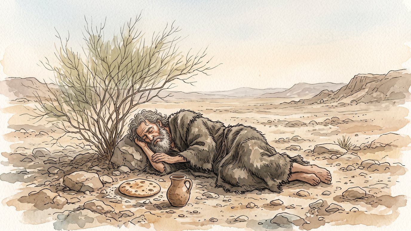 Homem de barba dorme no chão do deserto, ao lado de um arbusto, com pão e uma jarra.