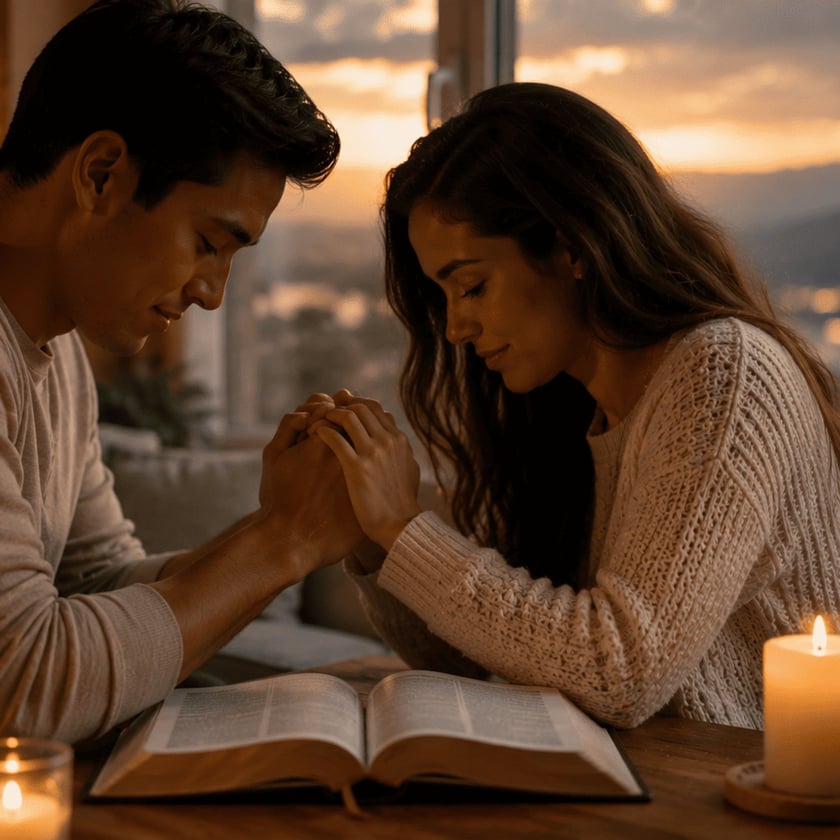 Homem e mulher de mãos dadas e cabeças baixas sobre uma Bíblia aberta, perto de velas.