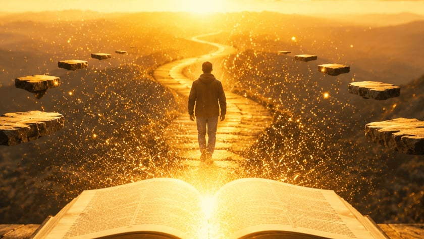 Homem caminha por uma estrada sinuosa que sai de um livro aberto, rumo ao pôr do sol.