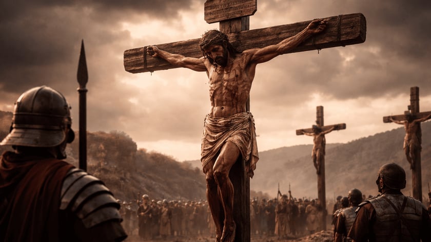 Homem coroado de espinhos crucificado em cruz de madeira, com soldados e multidão ao fundo.
