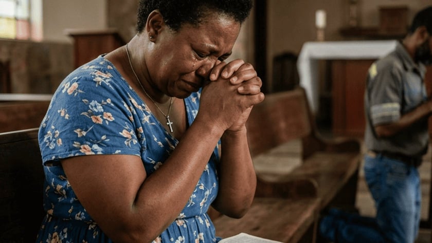 Mulher de vestido florido, com as mãos unidas junto ao rosto, ora num banco de igreja.