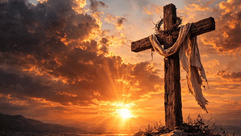 Cruz de madeira com coroa de espinhos e pano rasgado sobre colina ao pôr do sol.