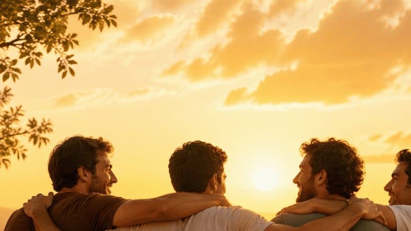 Três homens sentados abraçados numa colina ao pôr do sol, com uma Bíblia aberta e uma lanterna.