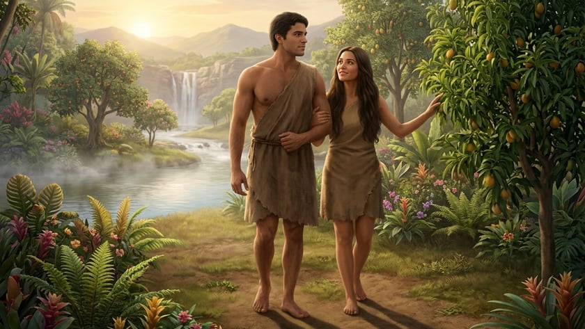 Homem e mulher de túnicas rústicas caminham de braços dados num jardim com cachoeira.