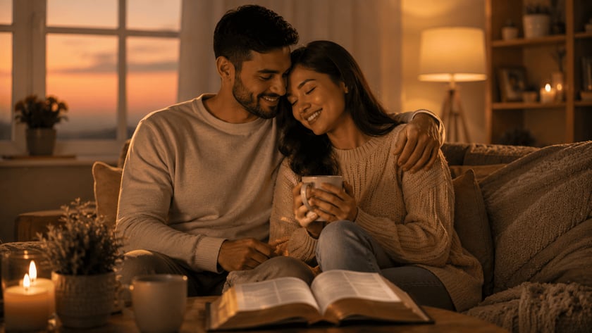 Casal sorrindo abraçado no sofá, com xícaras e uma Bíblia aberta na mesa.