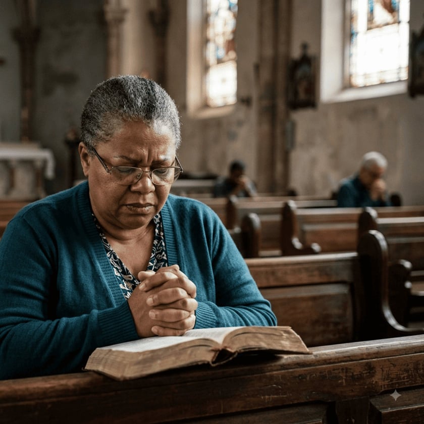 Mulher de óculos e cardigã azul reza com as mãos juntas sobre uma Bíblia aberta, em uma igreja.