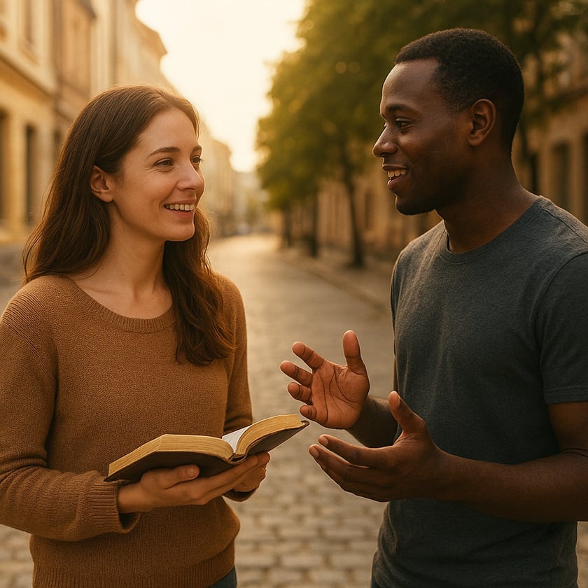 Mulher segurando um livro aberto conversa com um homem em uma rua de paralelepípedos.