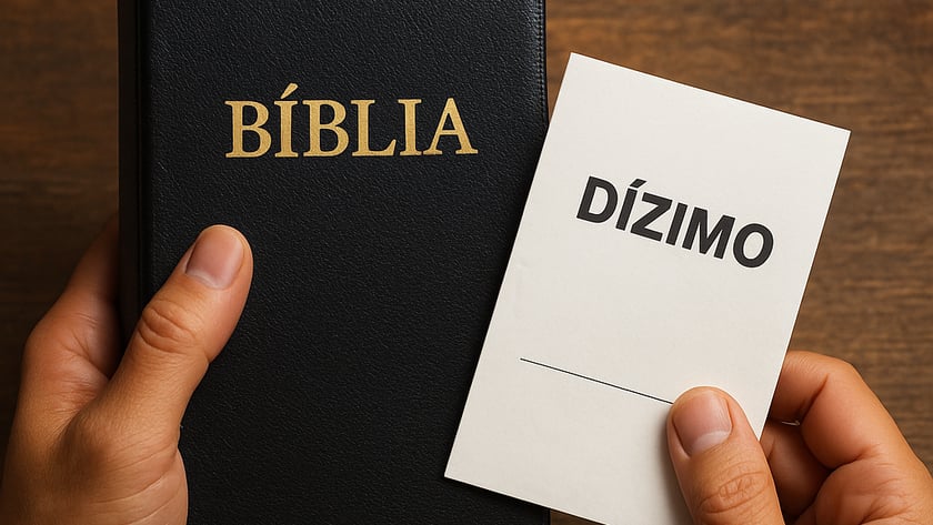 Mãos seguram uma Bíblia preta e um cartão branco com as palavras "Dízimo".