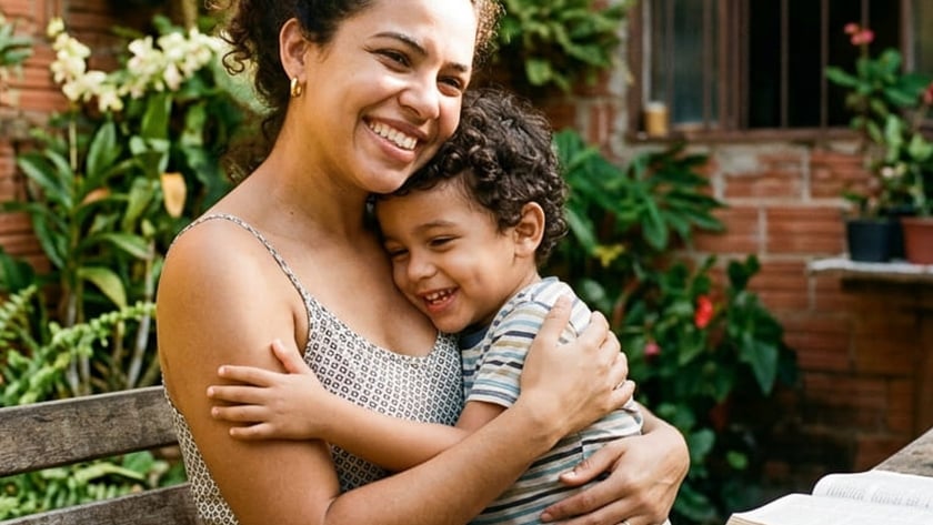 Mulher sorridente abraça um menino pequeno em um banco, em um quintal com plantas.