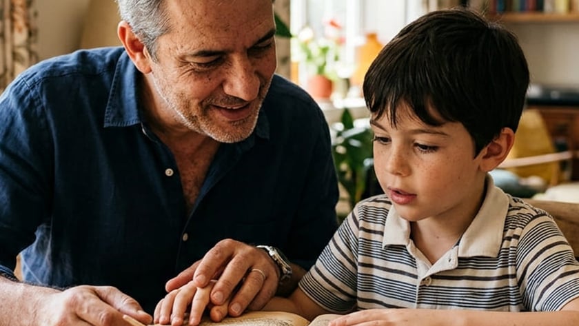 Homem de cabelos grisalhos e menino leem juntos um livro antigo sobre uma mesa de madeira.